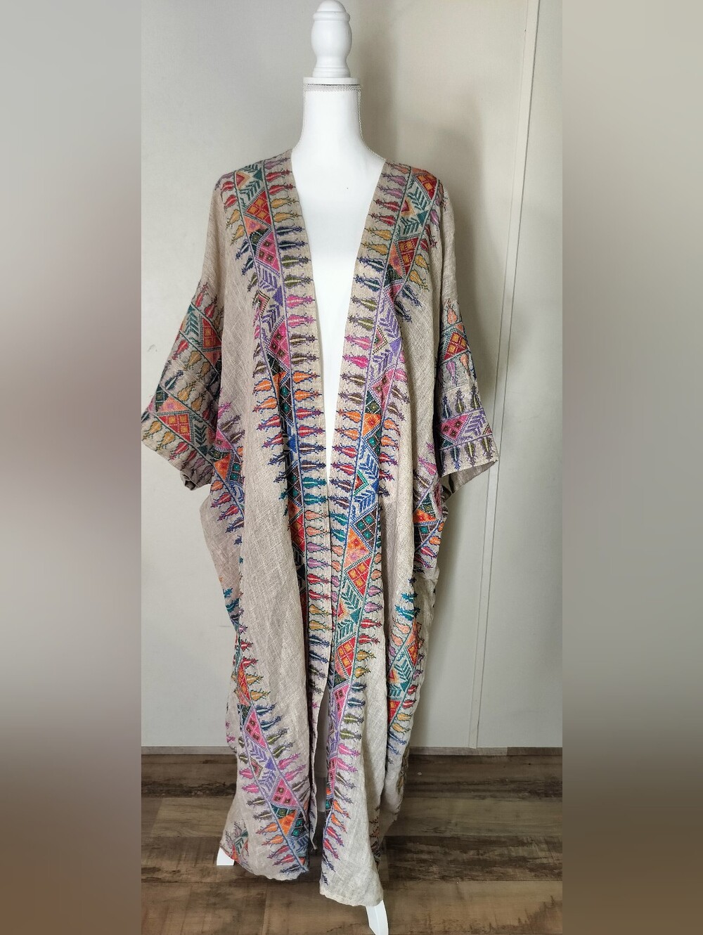 Beige Embroidered Boho Kimono Cape Style Abaya